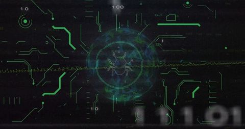 Pulsing cyber globe with malware bug hud and neon circuit traces
