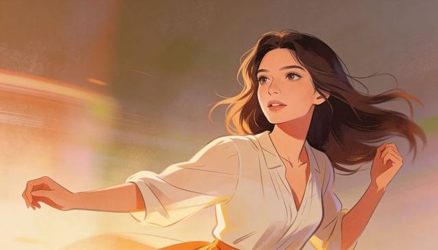 Reaching woman with flowing hair at sunset, moving through painterly light and motion