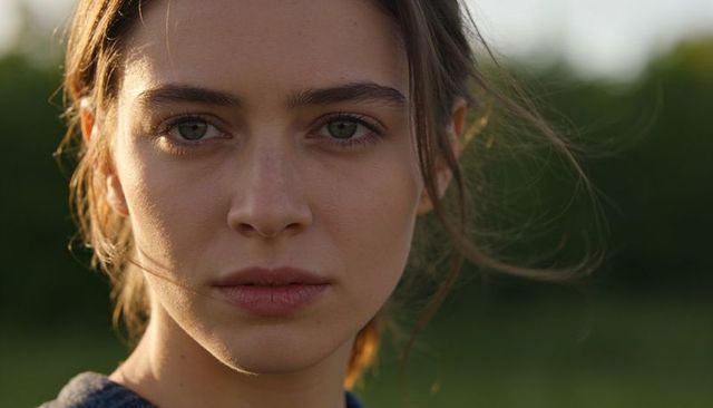Closeup young woman facing camera during golden hour with natural skin and windblown hair