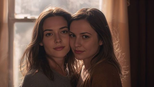 Two young women sharing intimate moment by window with warm rimlight and knit sweaters
