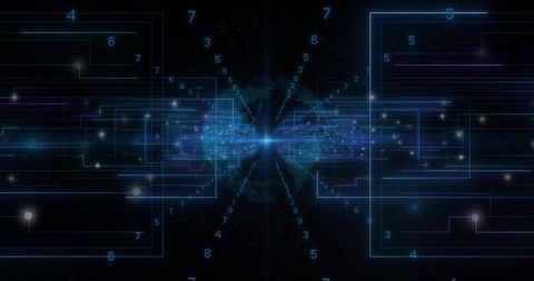 Streaming data band radiating cyan core across digital globe creating futuristic network visualizati
