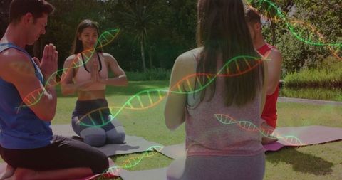 Group Meditation Practice in Sunlit Park with DNA Helix Overlay