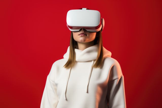 Caucasian woman wearing vr and ar headset on red background, created using generative ai technology. Augmented and virtual reality and technology concept digitally generated image.