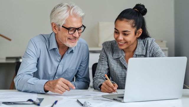 Intergenerational mentoring session: senior advisor coaching young professional on project