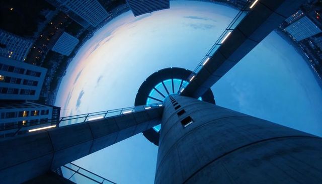 Blue-lit concrete observation tower rising over urban skyline at dusk with radial walkways
