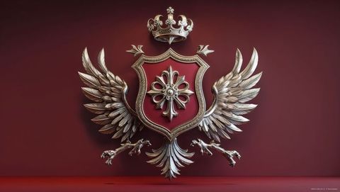 Regal Silver Emblem on Red Wall with Crown and Wings