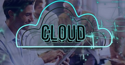 Business Team Presenting Cloud Technology Concept with Neon Cloud Overlay on Tablet