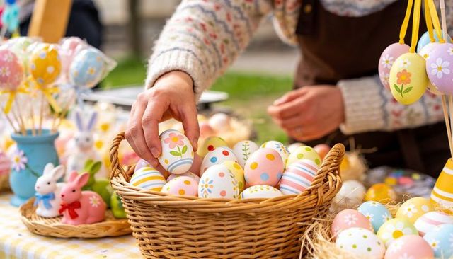 Arranging Pastel Painted Easter Eggs in Wicker Basket at Outdoor Craft Market