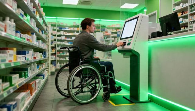 Wheelchair user using self-service kiosk at accessible pharmacy counter with green led