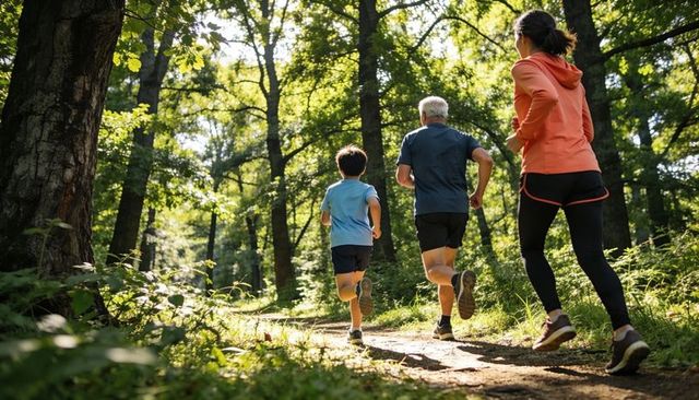 Multigenerational family running on sunlit forest trail for outdoor fitness and bonding