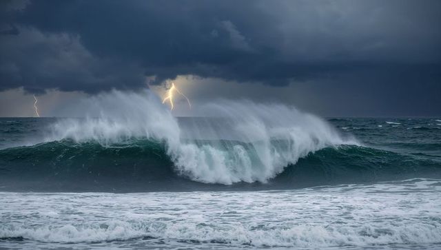 Powerful Ocean Waves with Dramatic Lightning Storm
