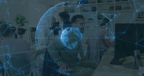 Projecting Holographic Globe Over Collaborative Tech Team in Open Plan Analytics Office