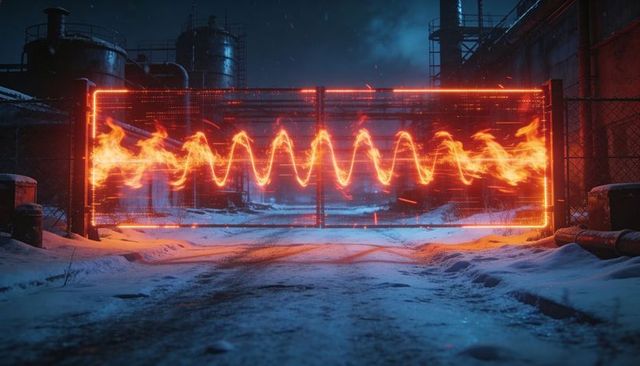 Stretching neon plasma barrier blocking snowy industrial gate, glowing orange at night