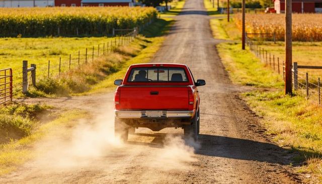 Red pickup truck kicking dust on country gravel road past fenced cornfields at golden hour