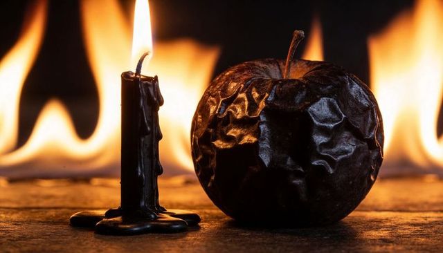 Burning black candle casting molten wax beside shriveled apple against roaring flames