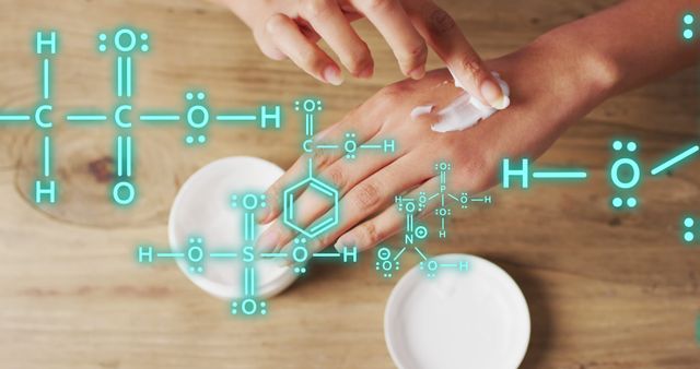 Applying Moisturizing Cream on Hand with Chemical Structure Background - Download Free Stock Images Pikwizard.com