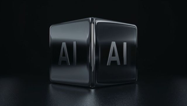 Sitting glossy black metal cube featuring ai lettering, reflecting on dark textured floor, sleek tec