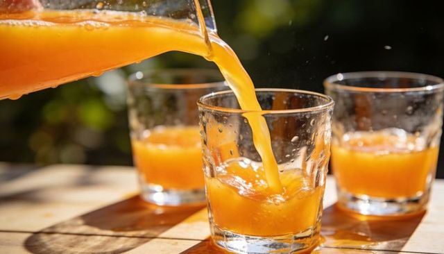 Pouring fresh orange juice from pitcher into glass with sunlit droplets on wooden table