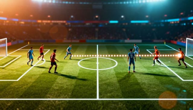 Soccer players contesting central possession under stadium lights, blue vs red attacking