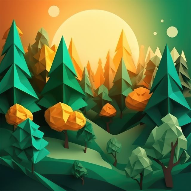 Origami landscape with trees and sunset, created using generative ai technology. Orgiami art, scenery, nature and pattern concept digitally generated image.