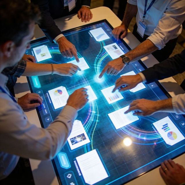 Business Team Collaborating on Interactive Touchscreen Dashboard with Data Visualizations
