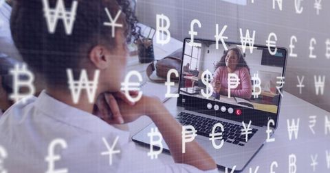 Young woman joining video call on laptop with floating currency symbols for fintech meeting