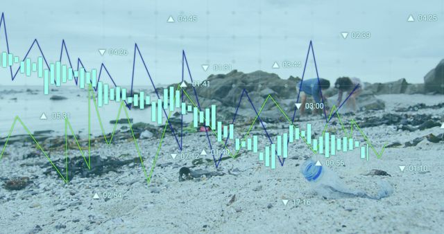 Plastic pollution on beach with superimposed stock market graph - Download Free Stock Images Pikwizard.com