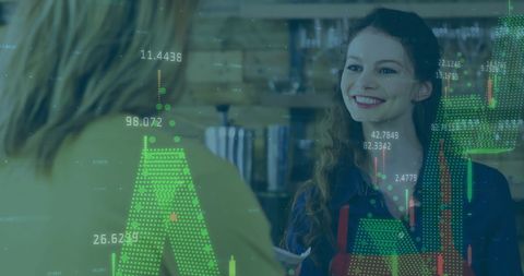 Financial Data Overlay with SMiling Female Cashier in Cafe