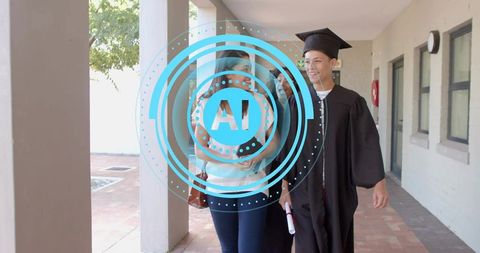 Graduate in cap and gown walking with family celebrating diploma on campus walkway