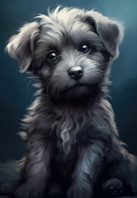 Portrait of cute white puppy on blue background, created using generative ai technology. Dogs, domestic animals and pets concept digitally generated image.