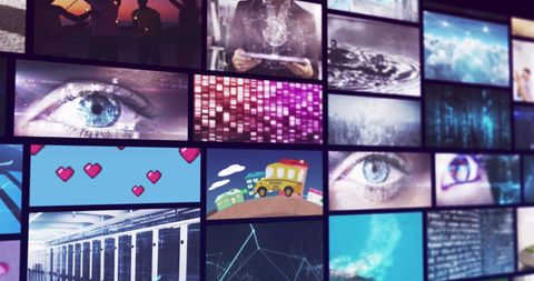 Digital interface with multiple screens showing diverse tech imagery