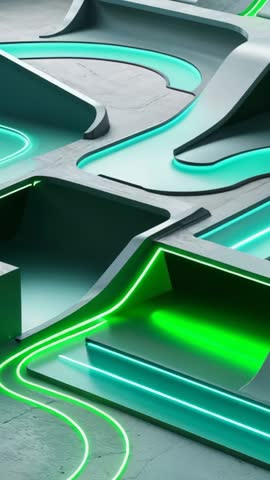 Vertical Panning Concrete Channels with Pulsing Neon LED Lines for Futuristic Abstract