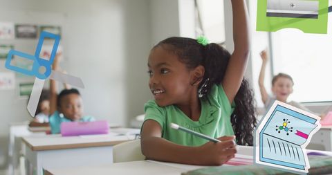 Enthusiastic Schoolgirl Raising Hand in Diverse Classroom
