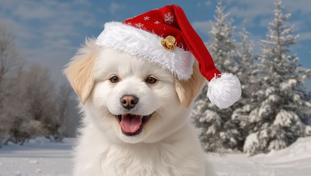 Fluffy White Puppy Wearing Santa Hat Smiling in Snowy Winter Landscape