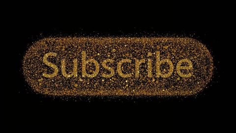 Gold glitter Subscribe button glowing on black backdrop, sparkling CTA capsule design