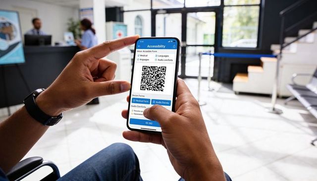 Man scanning QR code on smartphone in medical clinic lobby using accessibility app