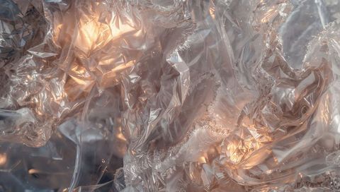 Crinkled translucent cellophane glowing with amber reflections and macro texture