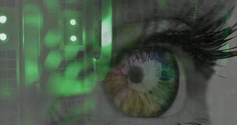Close-Up of Eye with Cybersecurity Theme and Green Digital Overlay