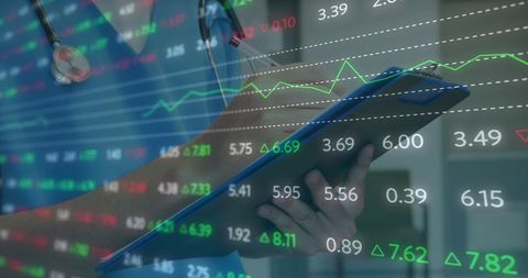 Doctor Analyzing Financial Data Overlaying Medical Context