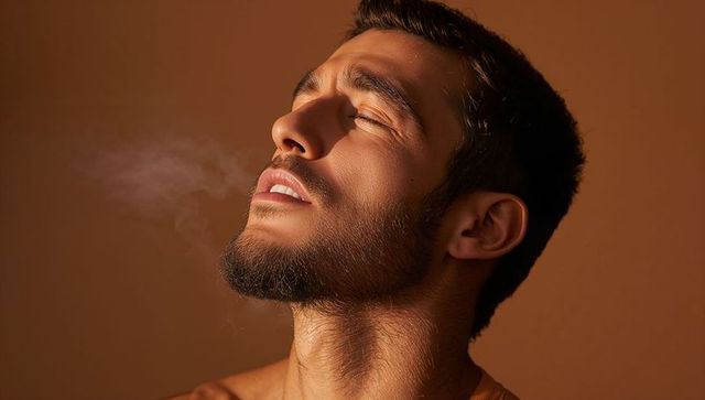 Bearded man breathing with head tilted back, dramatic warm-toned studio portrait