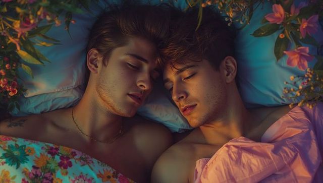 Peaceful sleep of couple in floral and botanical setting