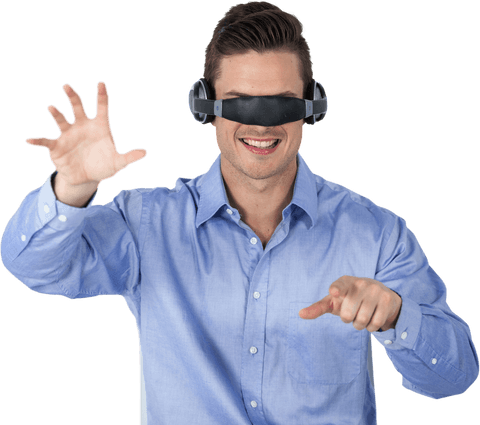 Smiling Man Engaged with Interactive Virtual Experience on Transparent Background - Download Free Stock Videos Pikwizard.com