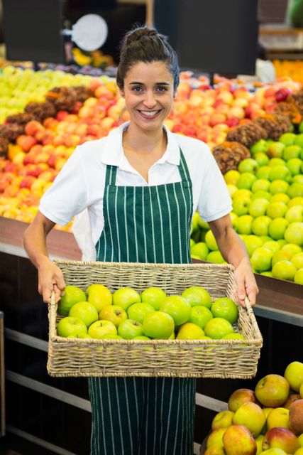 Female staff member holding a basket of fresh green apples in a supermarket produce section. Ideal for use in advertisements for grocery stores, healthy eating campaigns, retail job promotions, and organic food marketing.