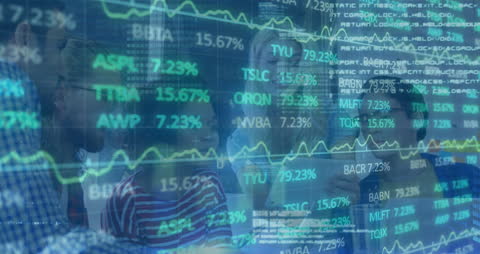 Blurred Diverse Team Discussing Stock Market Data Overlay