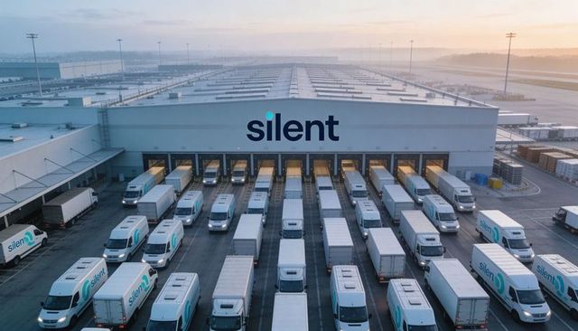 Aerial dawn distribution hub with silent branded electric delivery vans staging at loading docks