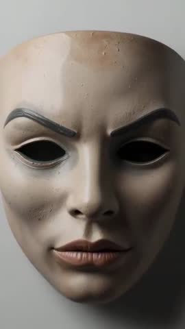 Vertical video revealing sculpted plaster mask with textured surface and dramatic lighting
