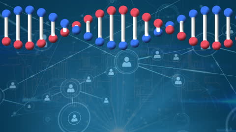 Spinning DNA Animation with Profile Icons on Blue Background