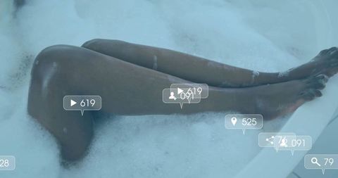 Foamy bath with social media metrics overlay relaxation concept
