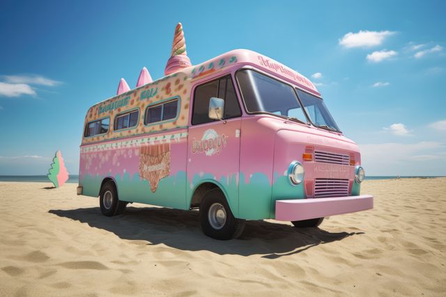 Vibrant ice cream truck parked on a sandy beach under a bright, clear sky, evokes a fun and cheerful atmosphere. Ideal for summer-themed advertisements, vacation promotions, family fun day events, marketing materials, and travel blogs emphasizing joy and relaxation.
