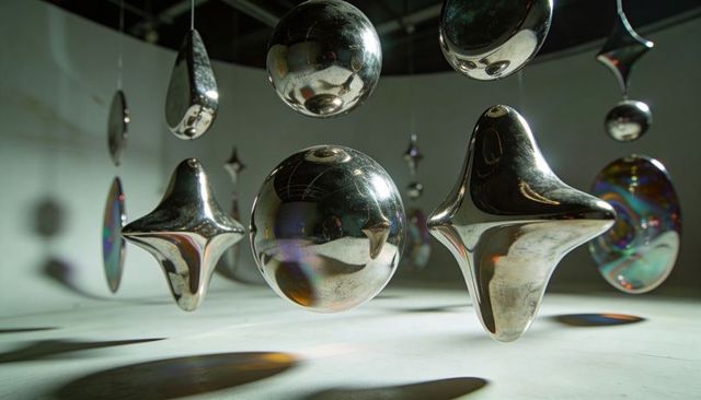Suspended polished metal orbs and star forms reflecting iridescent light in minimal gallery